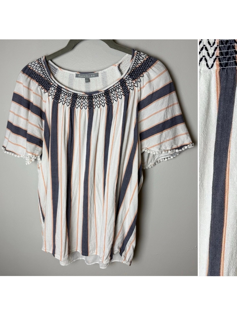 Daniel Rainn Blouse Size Medium Striped Smocked Embroidered Boho Pom Pom Sleeve